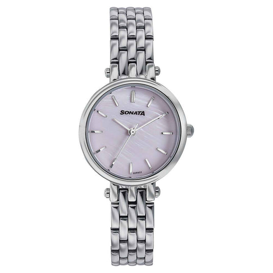 Sonata Pink Dial Silver Stainless Steel Strap Analog Watch for Women