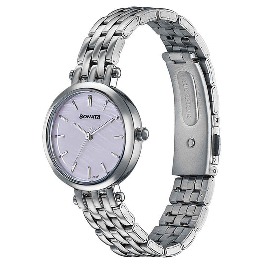 Sonata Pink Dial Silver Stainless Steel Strap Analog Watch for Women