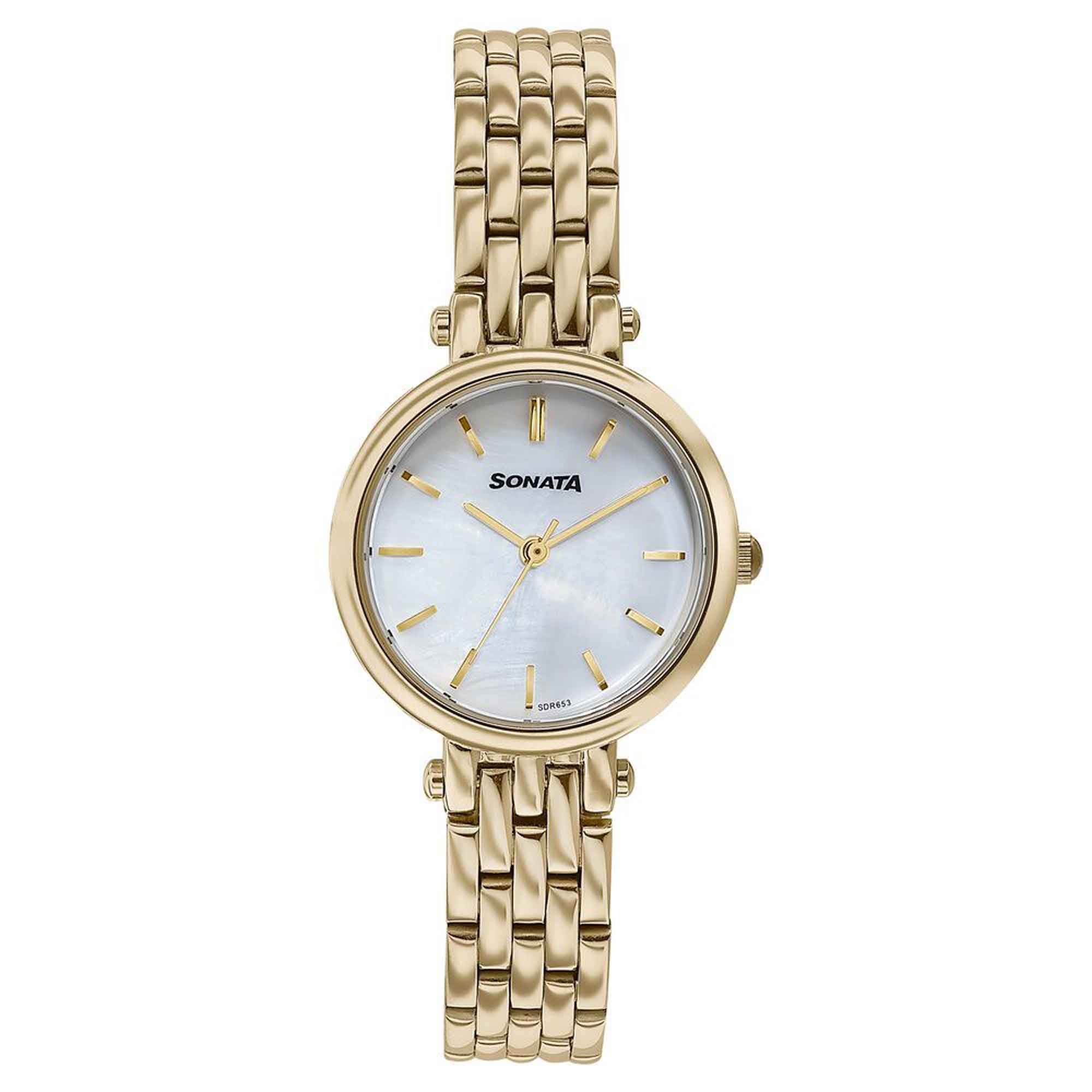 Sonata Off White Dial Gold Stainless Steel Strap Analog Watch for Women