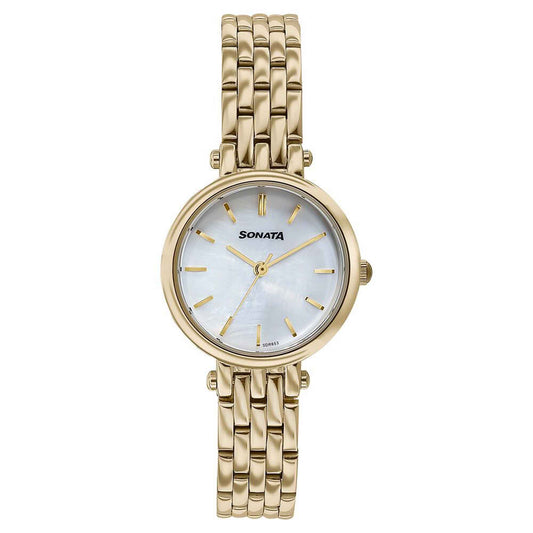 Sonata Off White Dial Gold Stainless Steel Strap Analog Watch for Women