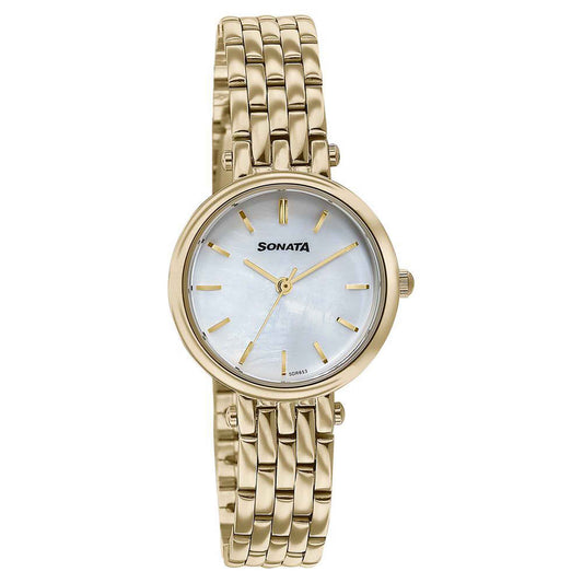 Sonata Off White Dial Gold Stainless Steel Strap Analog Watch for Women