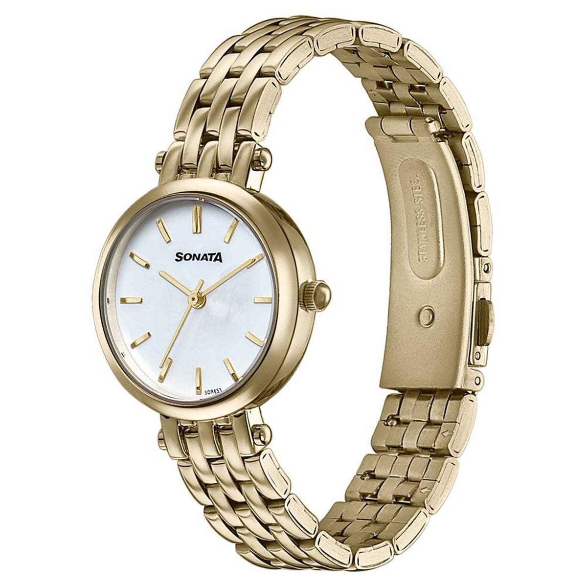 Sonata Off White Dial Gold Stainless Steel Strap Analog Watch for Women