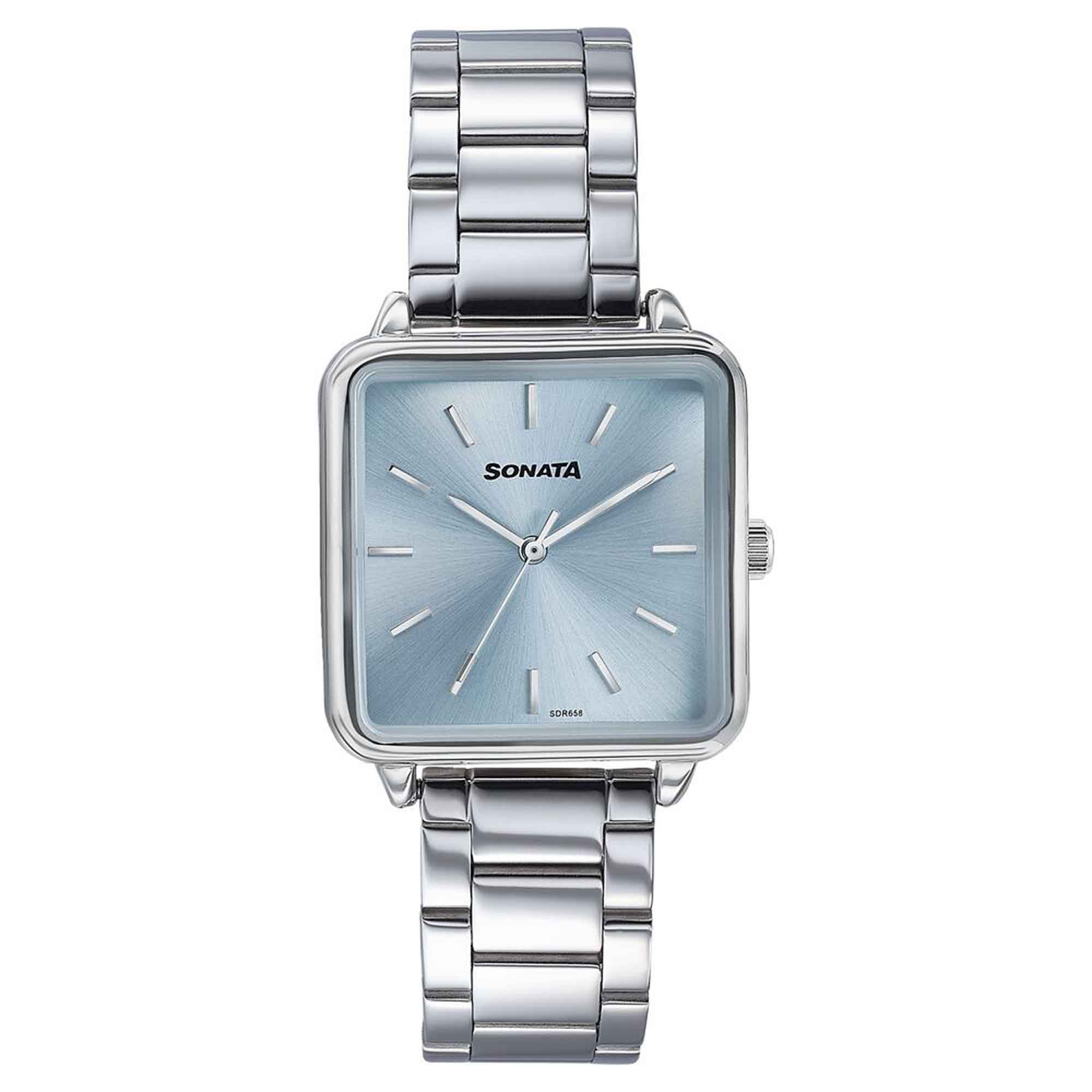 Sonata Blue Rectangular Dial Silver Stainless Steel Strap Analog Watch for Women