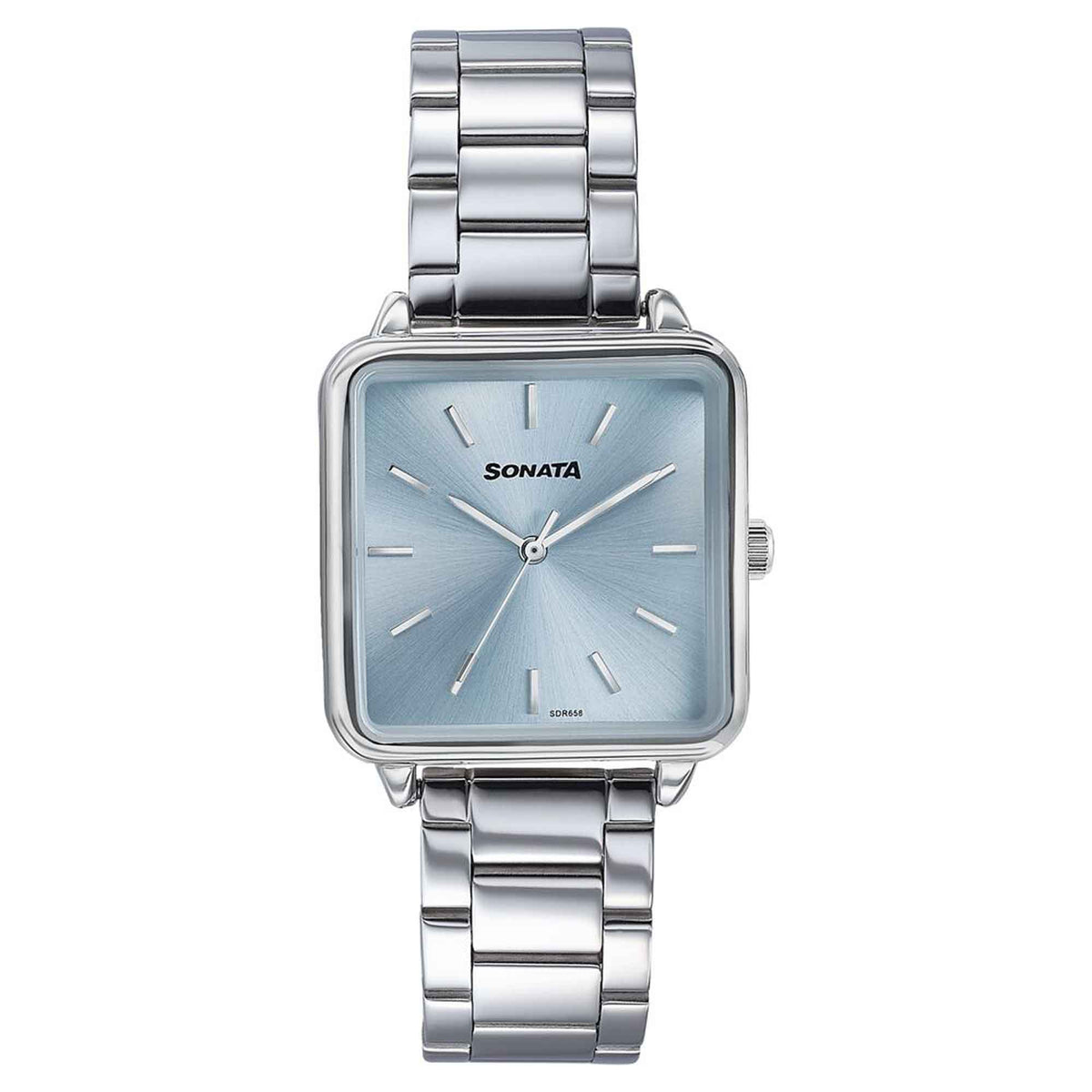 Sonata Blue Rectangular Dial Silver Stainless Steel Strap Analog Watch for Women