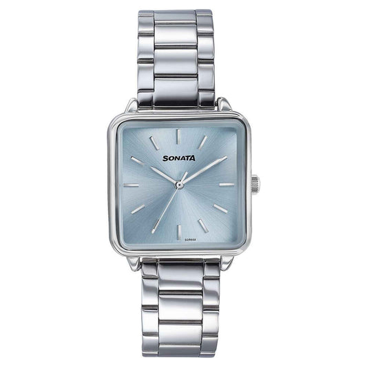 Sonata Blue Rectangular Dial Silver Stainless Steel Strap Analog Watch for Women