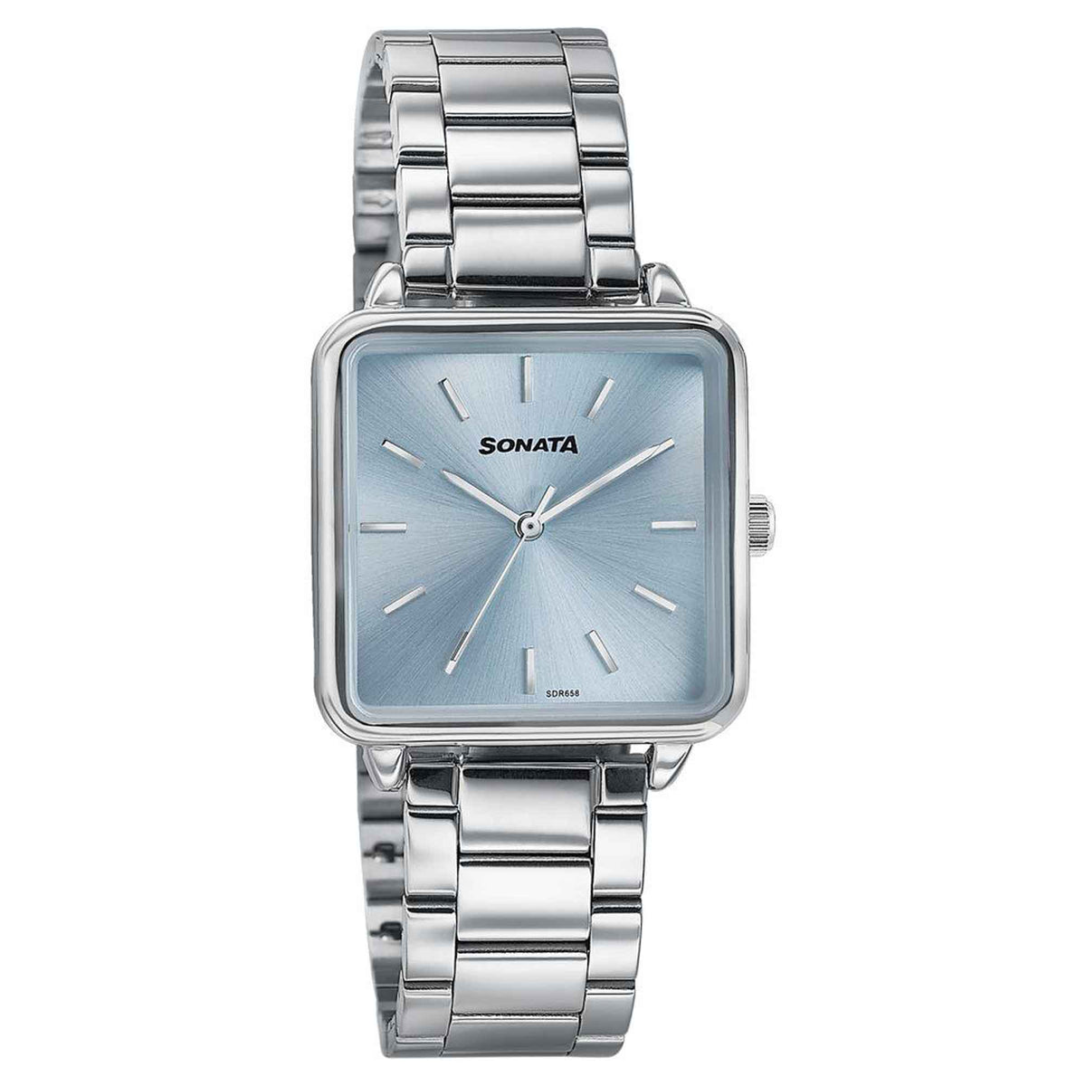 Sonata Blue Rectangular Dial Silver Stainless Steel Strap Analog Watch for Women