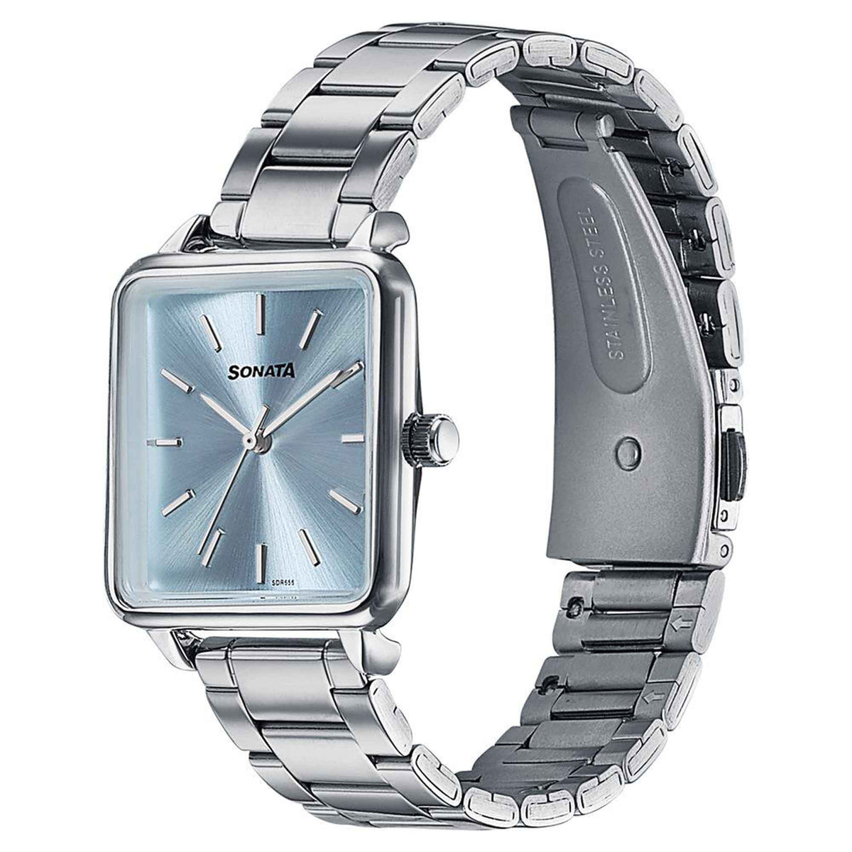 Sonata Blue Rectangular Dial Silver Stainless Steel Strap Analog Watch for Women