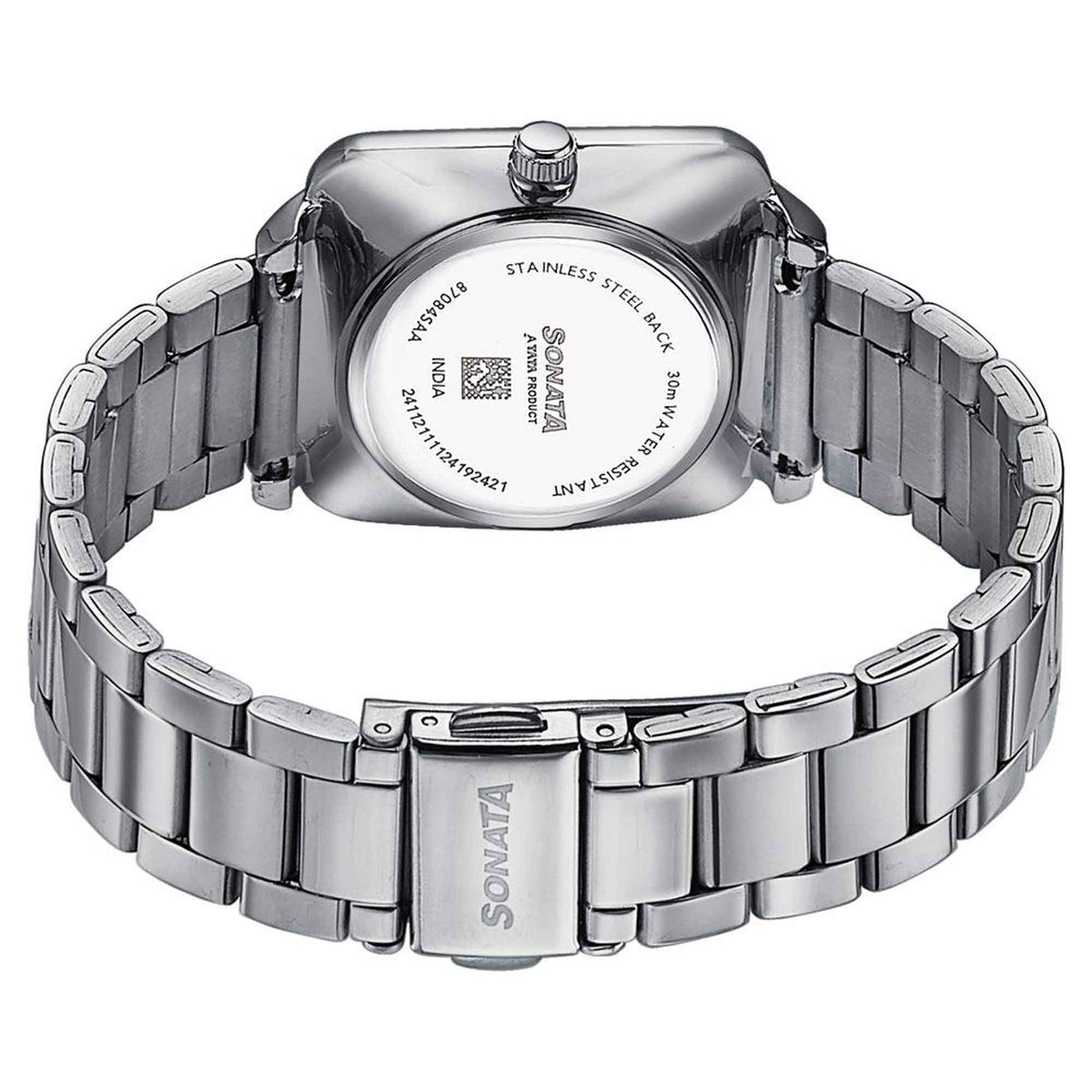 Sonata Blue Rectangular Dial Silver Stainless Steel Strap Analog Watch for Women