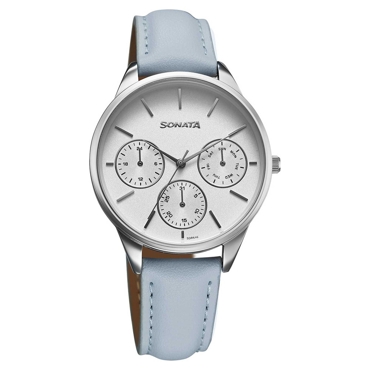Sonata Silver Dial Blue Leather Strap Multifunction Watch for Women
