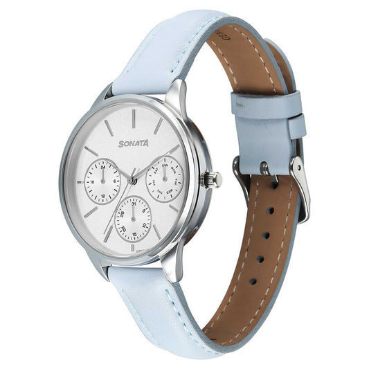 Sonata Silver Dial Blue Leather Strap Multifunction Watch for Women