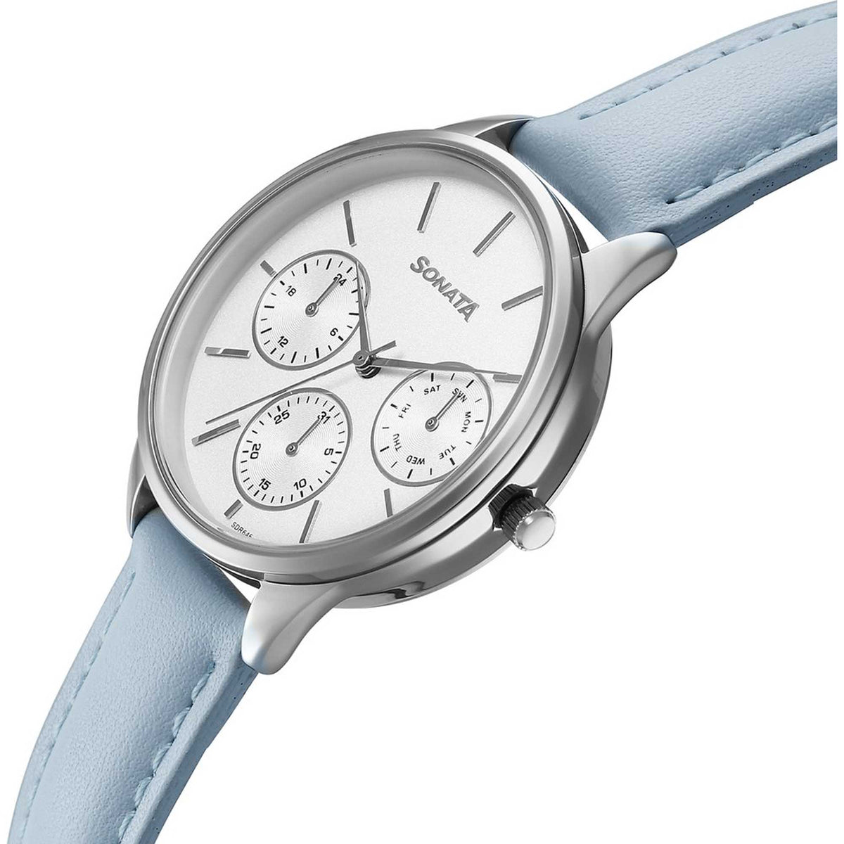Sonata Silver Dial Blue Leather Strap Multifunction Watch for Women
