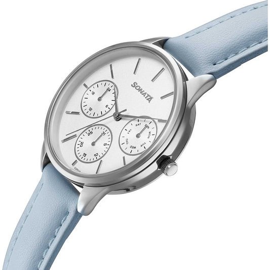 Sonata Silver Dial Blue Leather Strap Multifunction Watch for Women