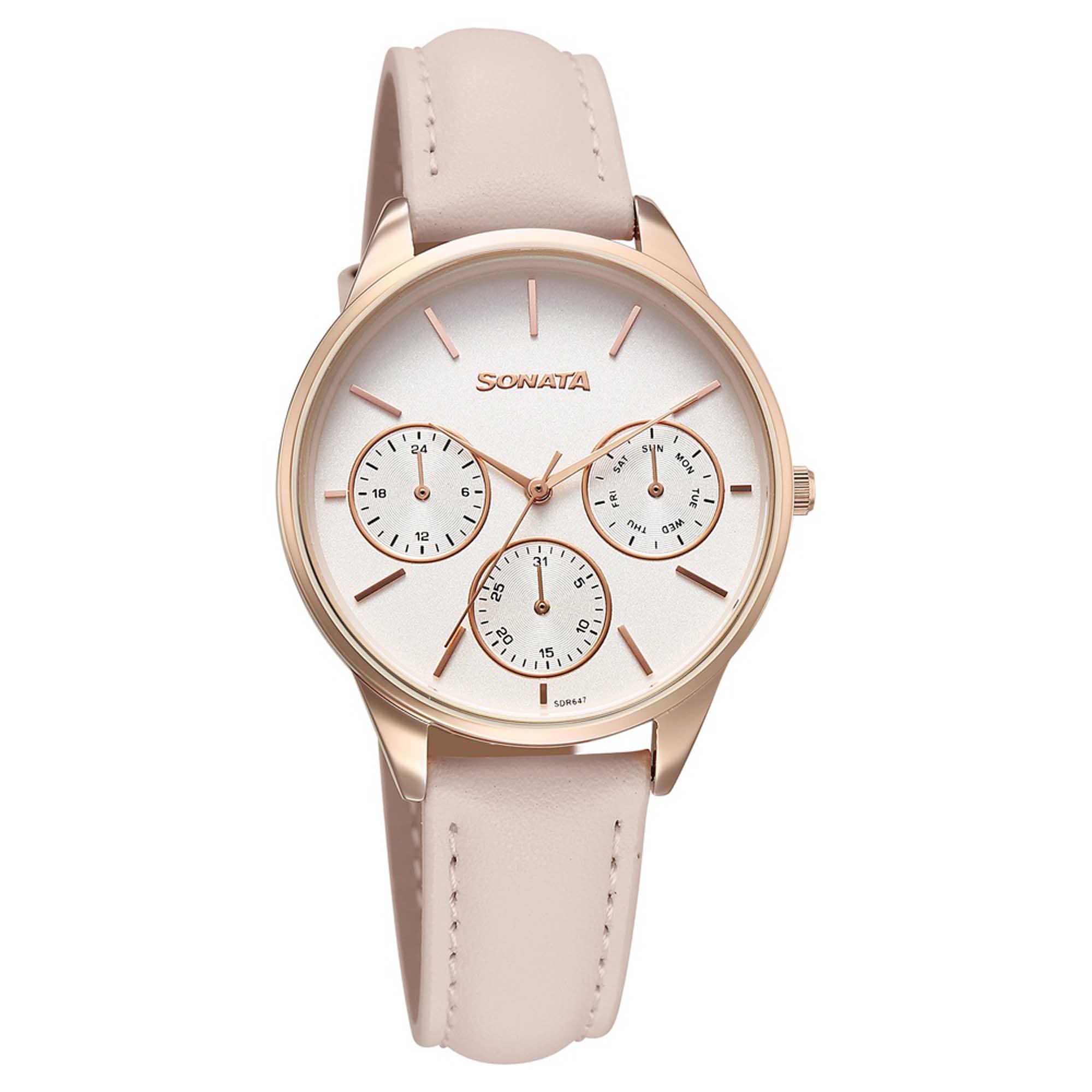 Sonata Silver Dial Pink Leather Strap Multifunction Watch for Women