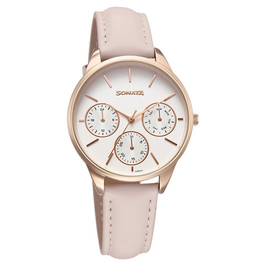 Sonata Silver Dial Pink Leather Strap Multifunction Watch for Women