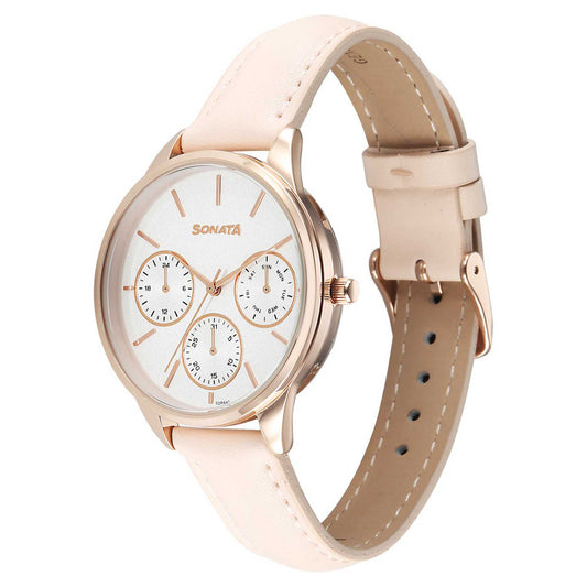 Sonata Silver Dial Pink Leather Strap Multifunction Watch for Women