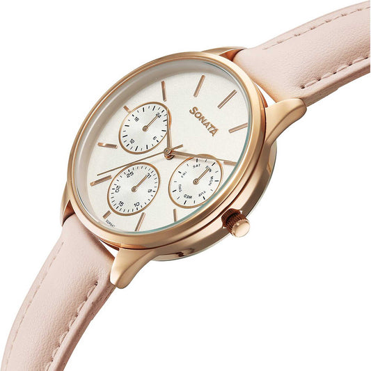 Sonata Silver Dial Pink Leather Strap Multifunction Watch for Women