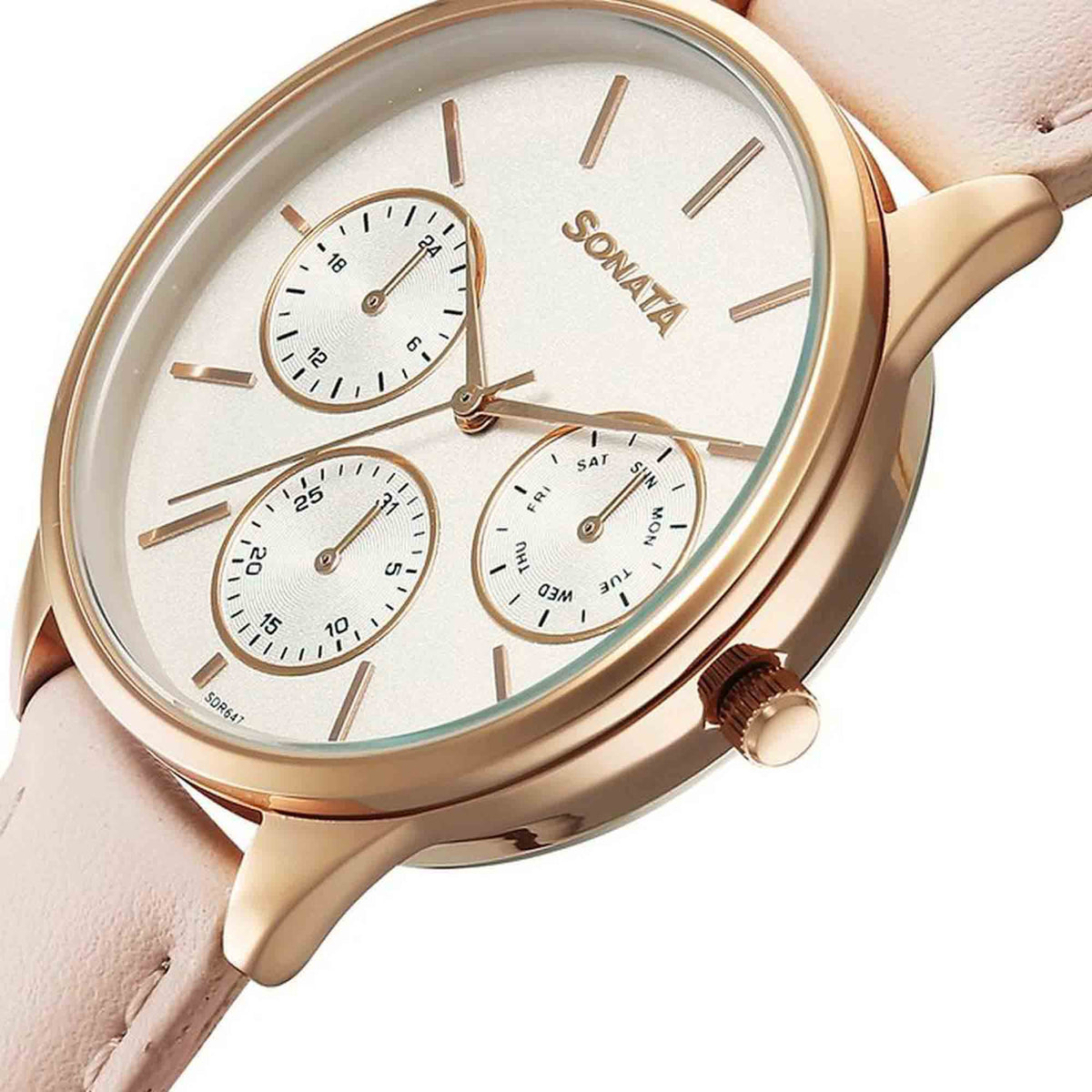 Sonata Silver Dial Pink Leather Strap Multifunction Watch for Women