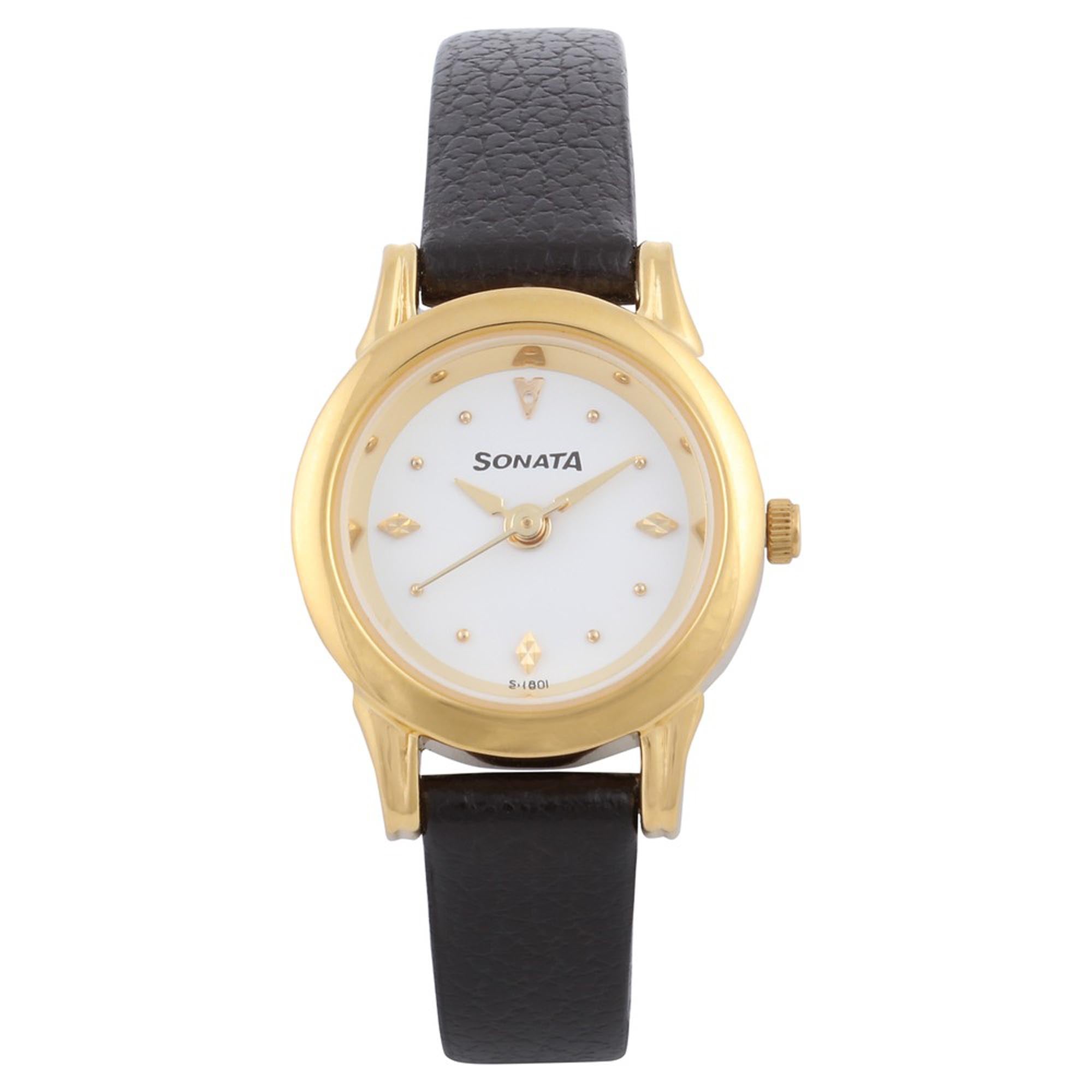 Sonata White Dial Black Leather Strap Analog Watch for Women