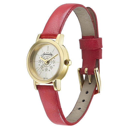 Sonata Fashion Champagne Dial Pink Leather Strap Analog Watch for Women