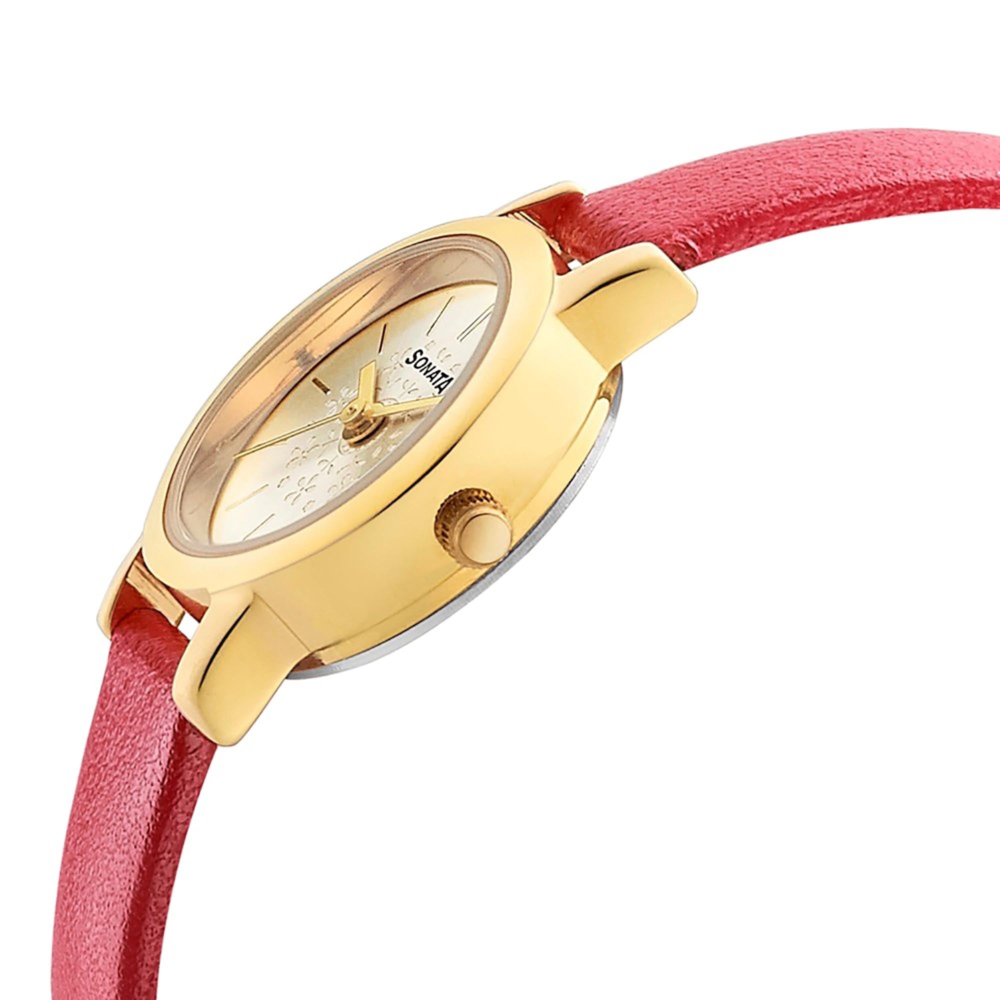 Sonata Fashion Champagne Dial Pink Leather Strap Analog Watch for Women