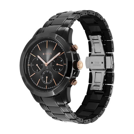 Titan Quartet Black Dial Analog with Day and Date Steel and Ceramic Strap watch for Men