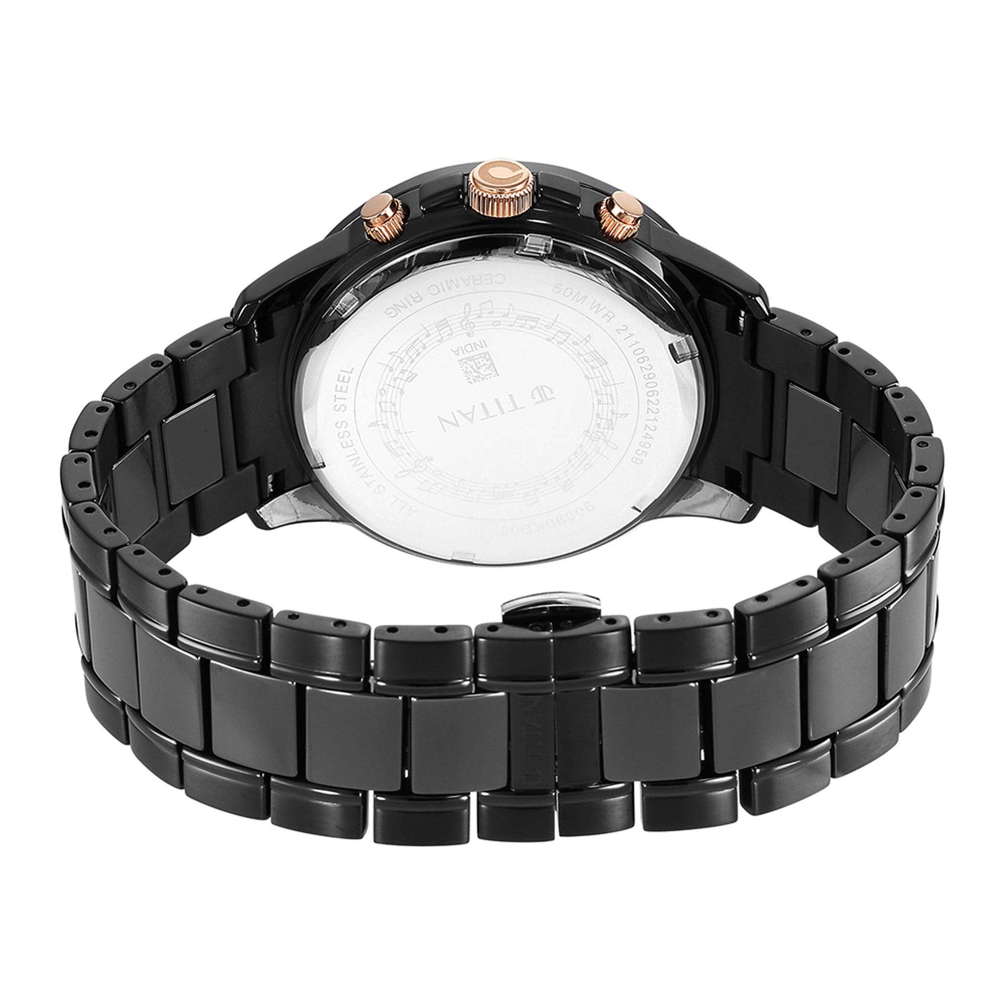 Titan Quartet Black Dial Analog with Day and Date Steel and Ceramic Strap watch for Men