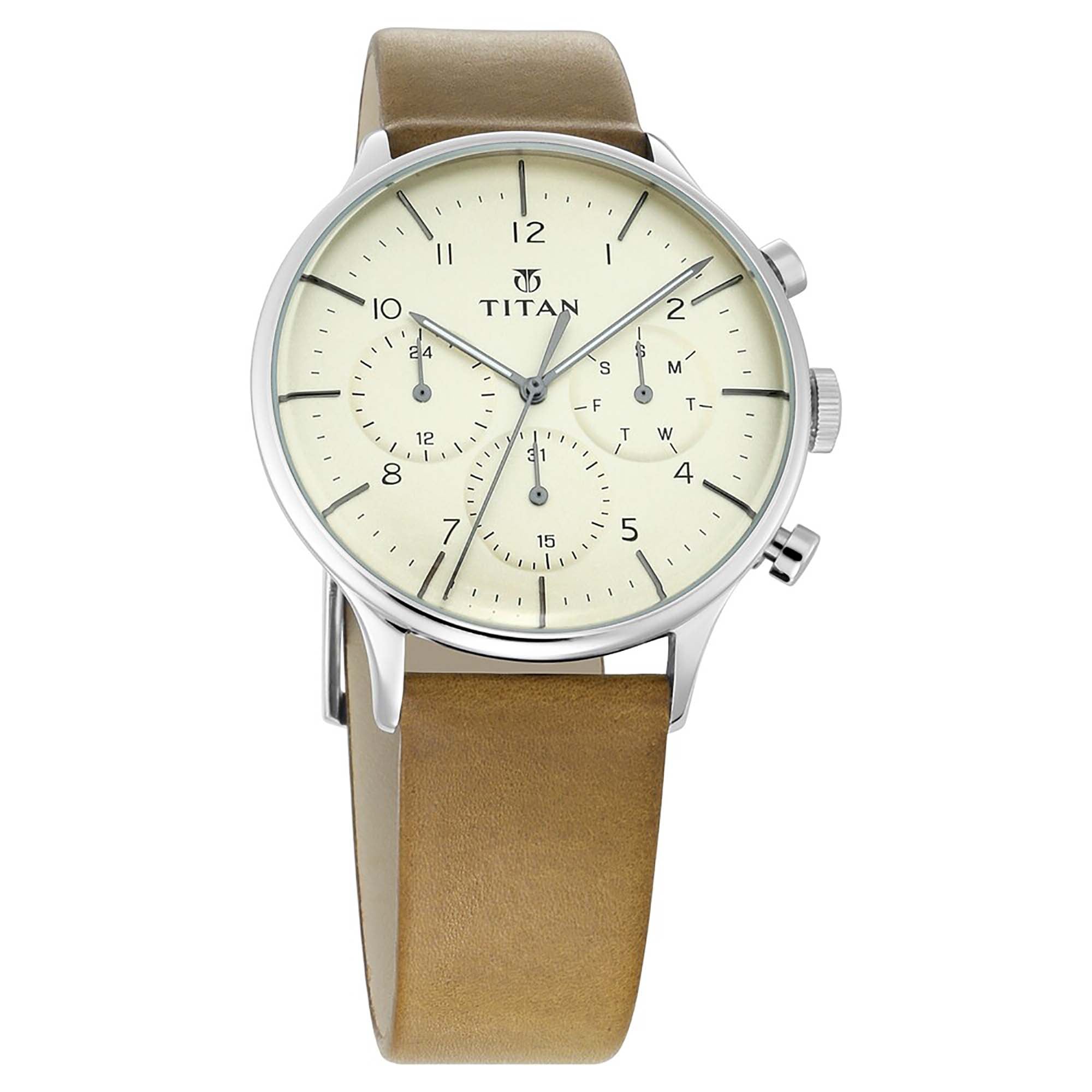 Titan Fashion White Dial Tan Leather Strap Multifunction Watch for Men