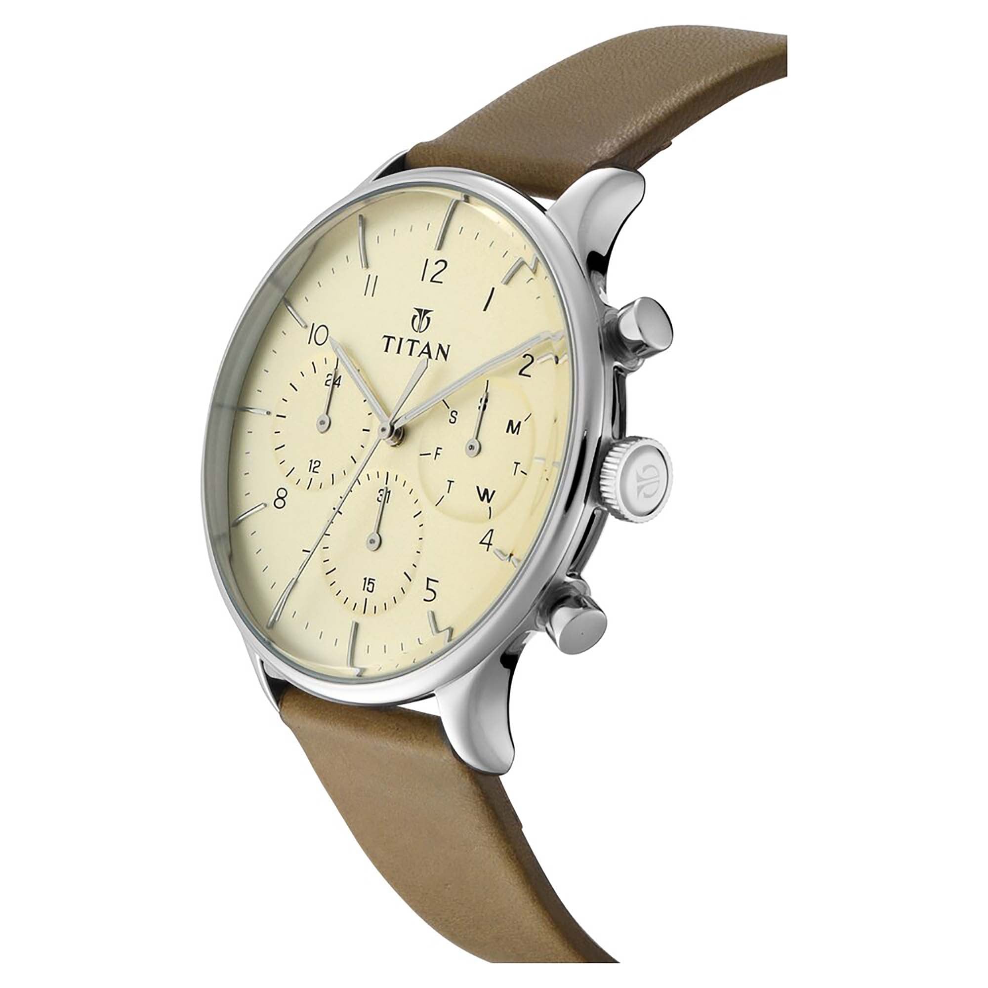 Titan Fashion White Dial Tan Leather Strap Multifunction Watch for Men