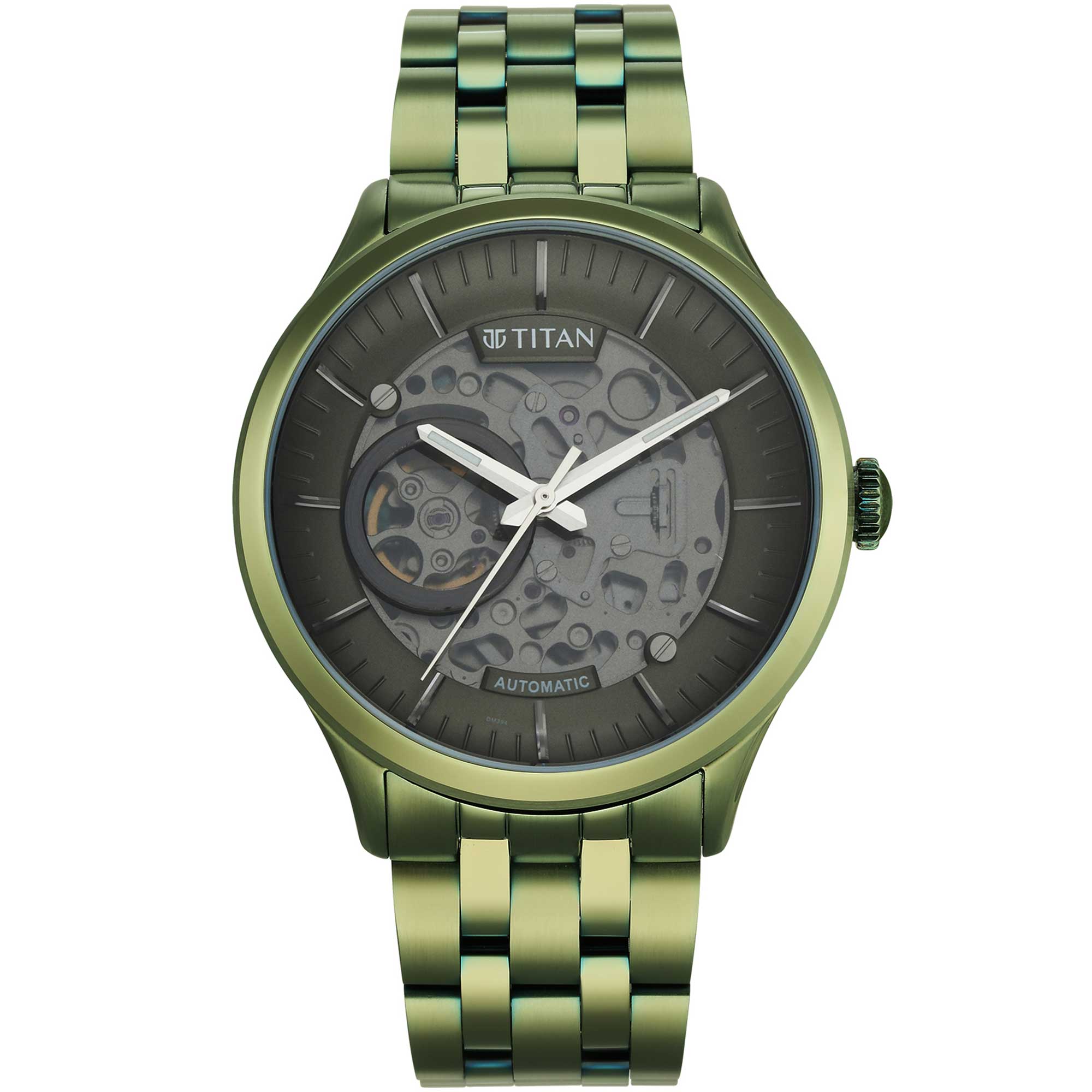 Titan Metal Mechanicals Black Dial Green Stainless Steel Strap Watch for Men