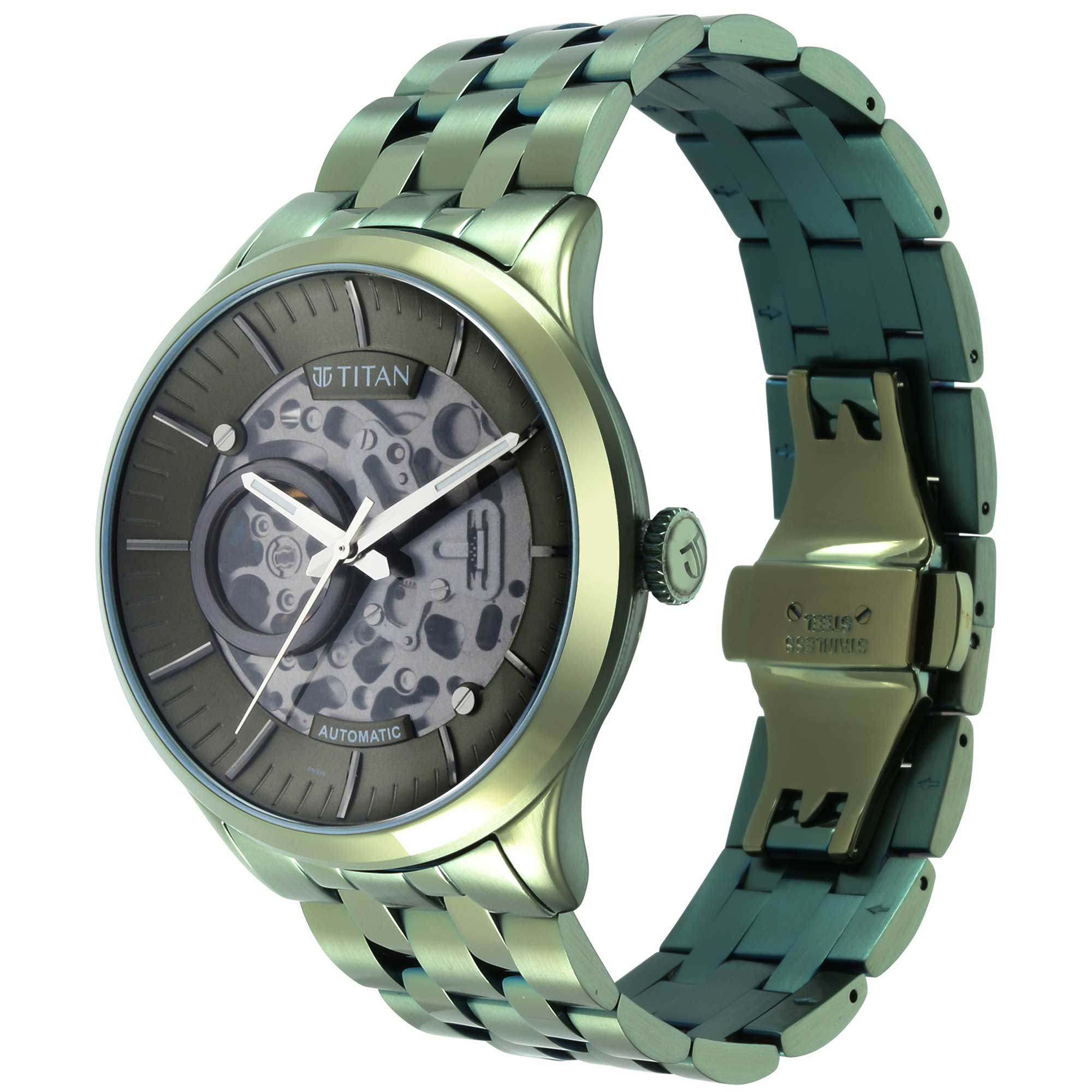Titan Metal Mechanicals Black Dial Green Stainless Steel Strap Watch for Men
