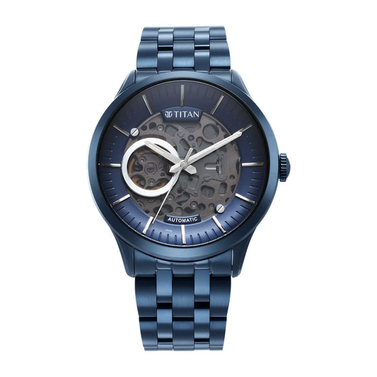 Metal Mechanicals Blue Dial Stainless Steel Strap Watch for Men 90140QM03