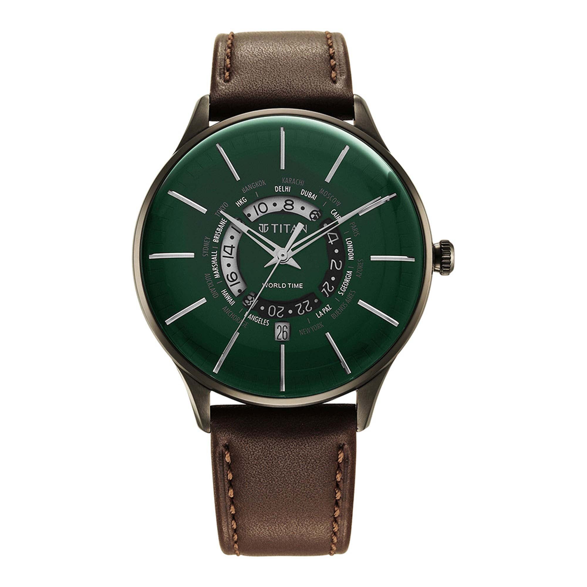 Titan World Time Green Dial World Time with Date Leather Strap watch for Men