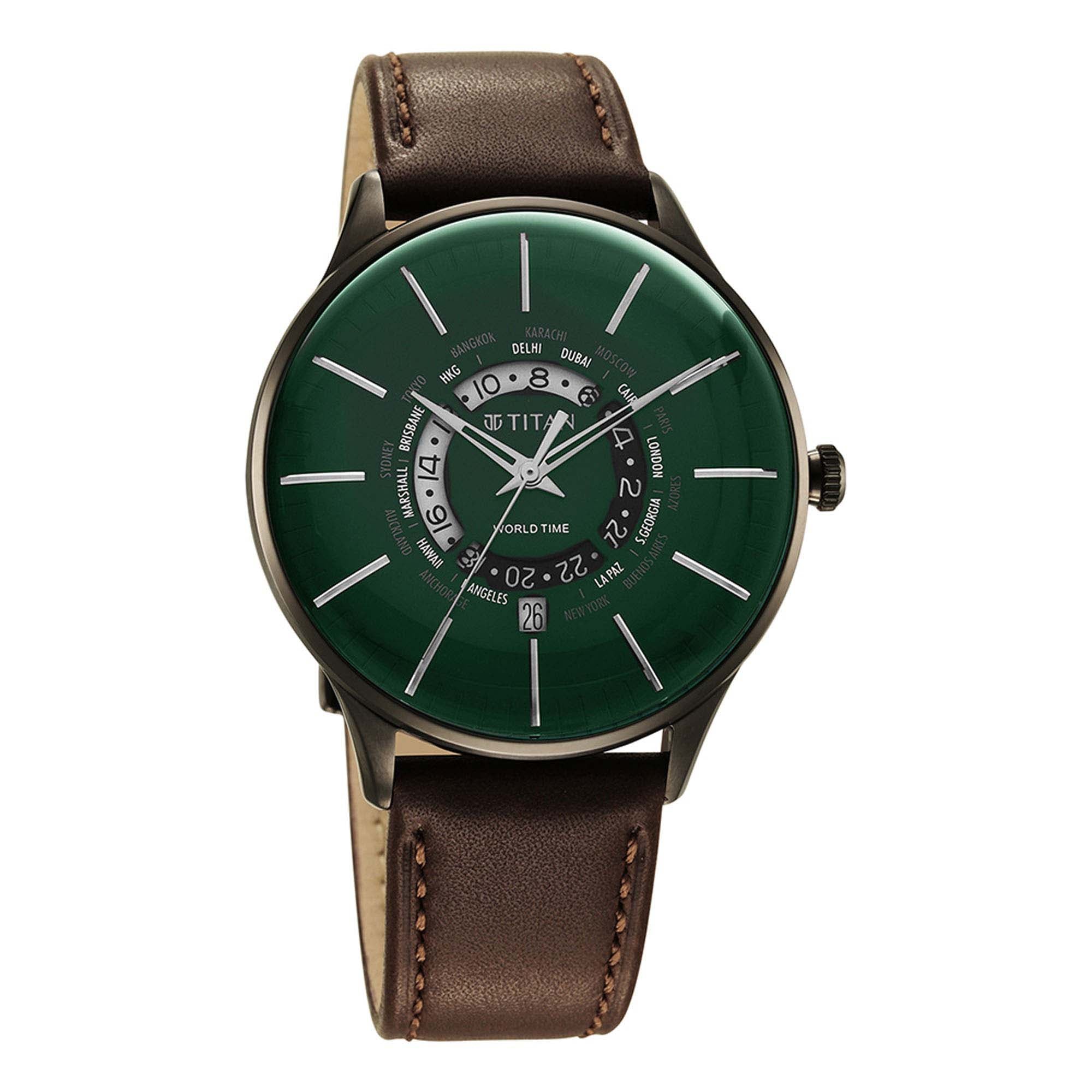 Titan World Time Green Dial World Time with Date Leather Strap watch for Men