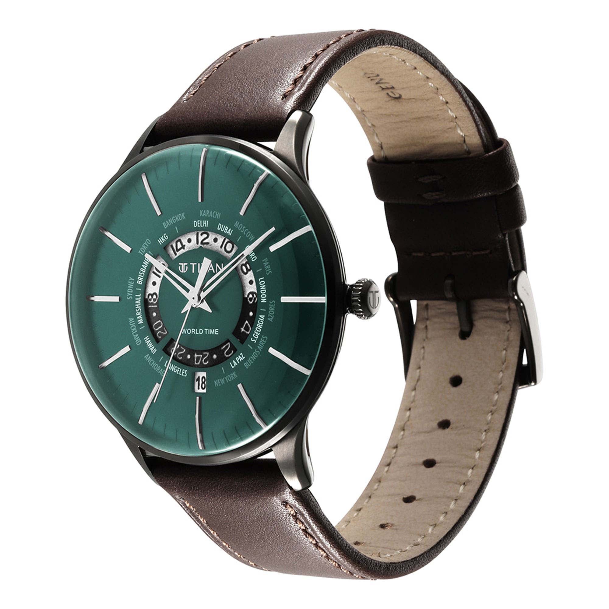 Titan World Time Green Dial World Time with Date Leather Strap watch for Men