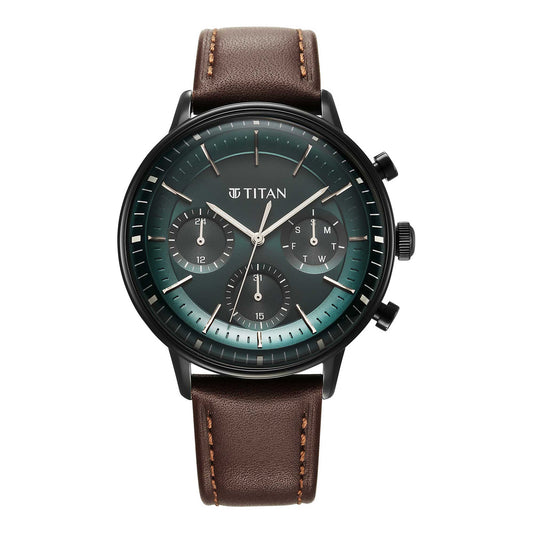 Titan Light Leathers Quartz Multifunction Black Dial Stainless Steel Strap Watch for Men