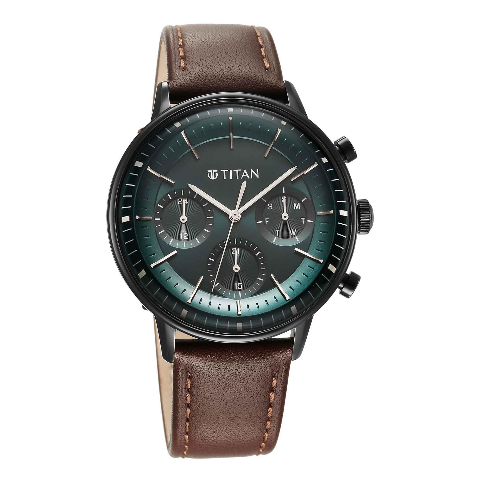 Titan Light Leathers Quartz Multifunction Black Dial Stainless Steel Strap Watch for Men