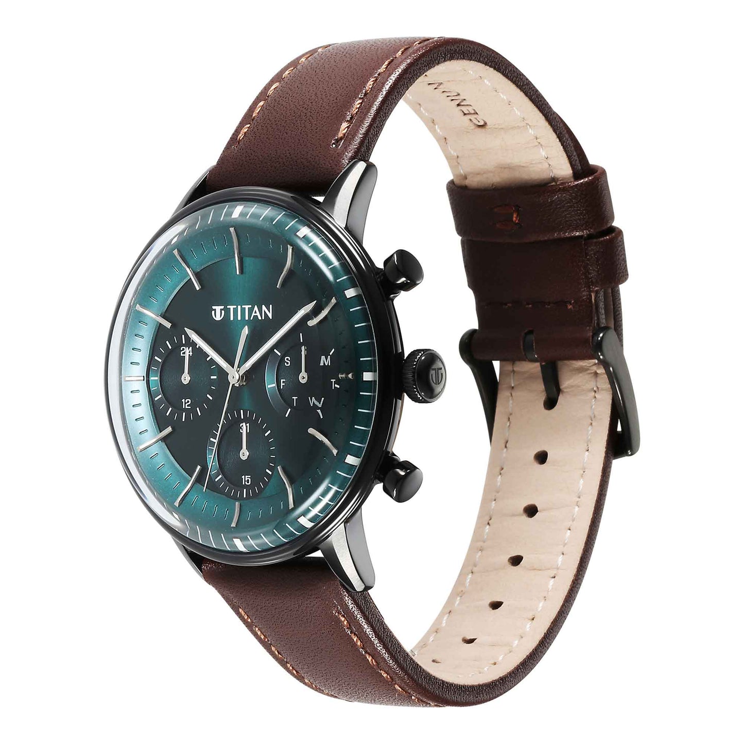 Titan Light Leathers Quartz Multifunction Black Dial Stainless Steel Strap Watch for Men