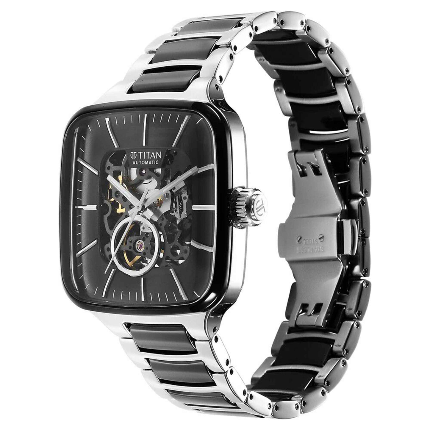 Titan Ceramic Fusion Skeleton Automatic Rich Black Dial Steel & Ceramic Strap Watch For Men