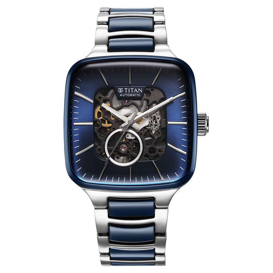 Titan Ceramic Fusion Automatic Square Blue Dial Rose Gold Dual-Toned Stainless Steel Bracelet Watch for Men