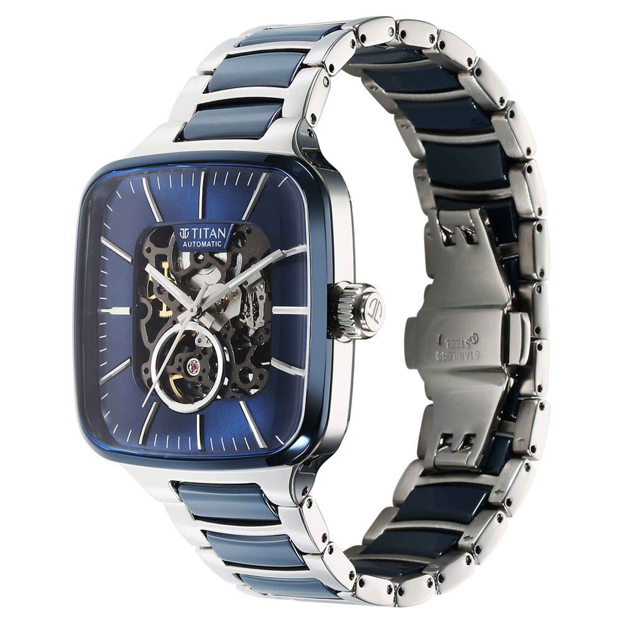 Titan Ceramic Fusion Automatic Square Blue Dial Rose Gold Dual-Toned Stainless Steel Bracelet Watch for Men