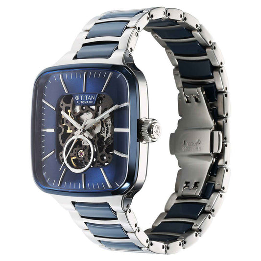 Titan Ceramic Fusion Automatic Square Blue Dial Rose Gold Dual-Toned Stainless Steel Bracelet Watch for Men