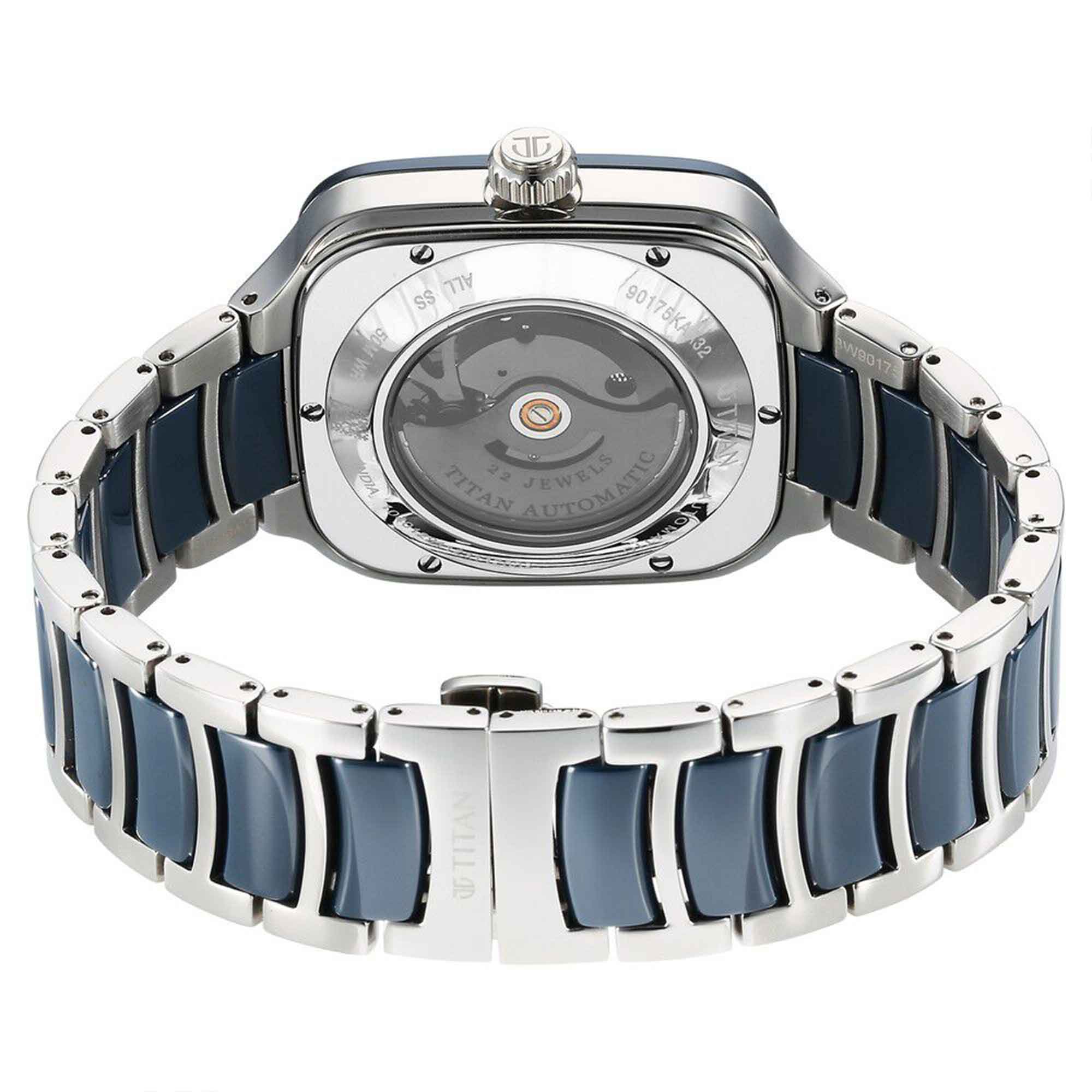 Titan Ceramic Fusion Automatic Square Blue Dial Rose Gold Dual-Toned Stainless Steel Bracelet Watch for Men