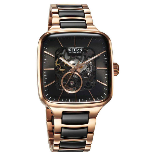 Titan Ceramic Fusion Automatic Square Black Dial Silver Dual-Toned Stainless Steel Bracelet Watch for Men
