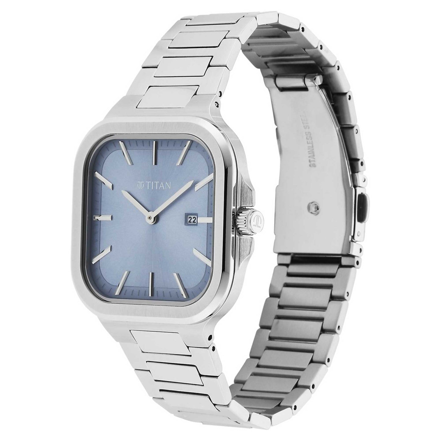 Titan Classique Slim Square Quartz Analog with Date Blue Dial Silver Stainless Steel Strap Watch For Men