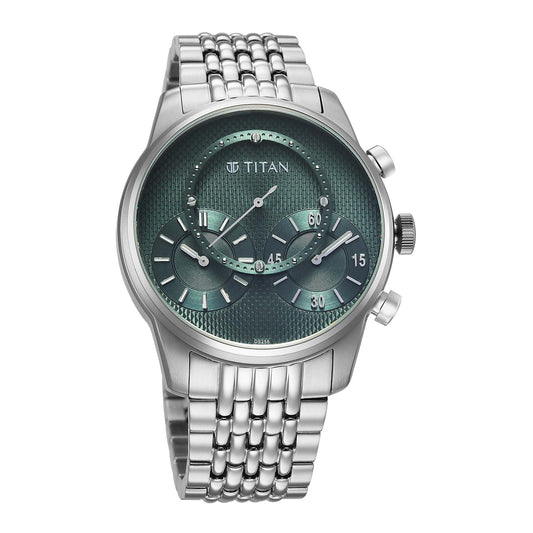 Titan Micromotors Analog with Independent Hour, Minute and 2nd Sub-Dial Green Dial Stainless Steel Strap Watch for Men 90179SM01
