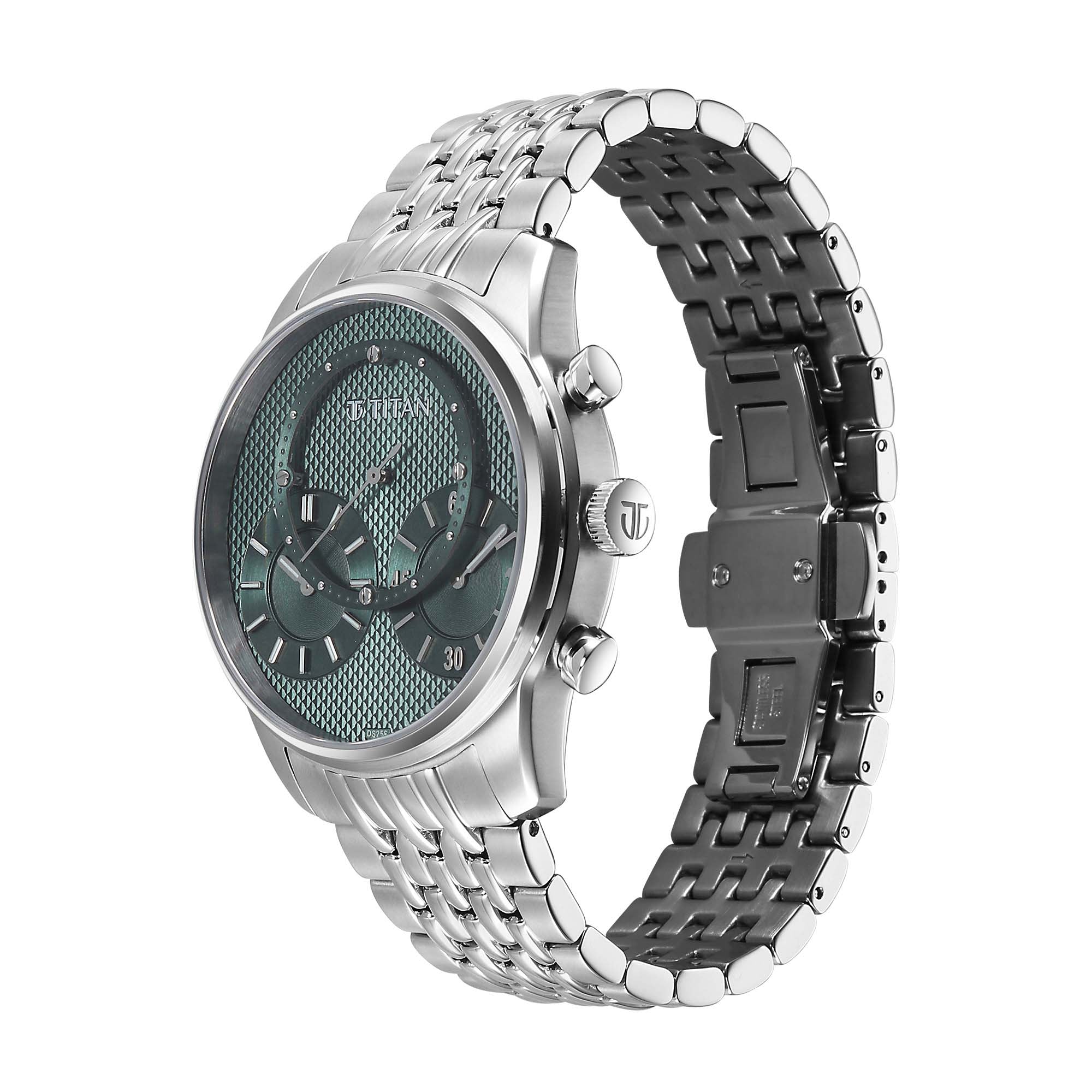 Titan Micromotors Analog with Independent Hour, Minute and 2nd Sub-Dial Green Dial Stainless Steel Strap Watch for Men 90179SM01