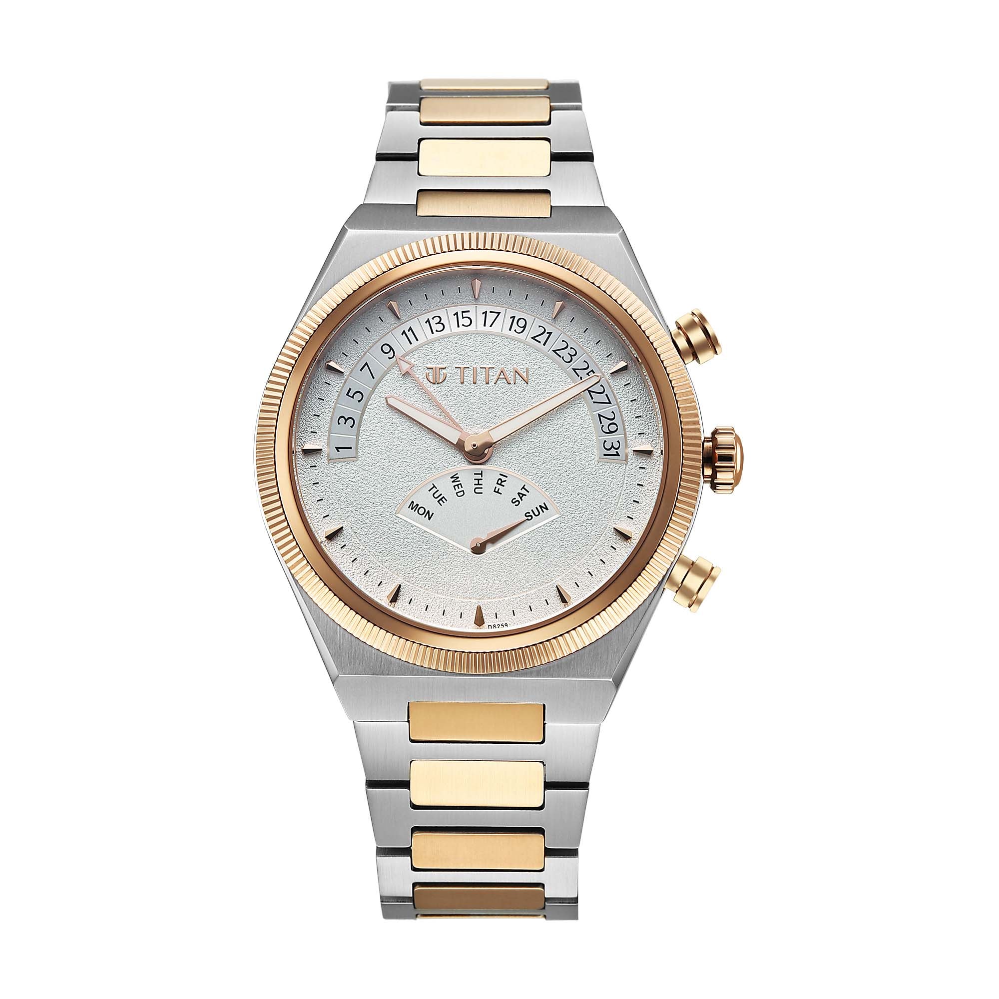 Titan Micromotors Analog with Retrograde Day and Date and Silver Dial Dual Tone Pink Stainless Steel Strap Watch for Men 90180KM01