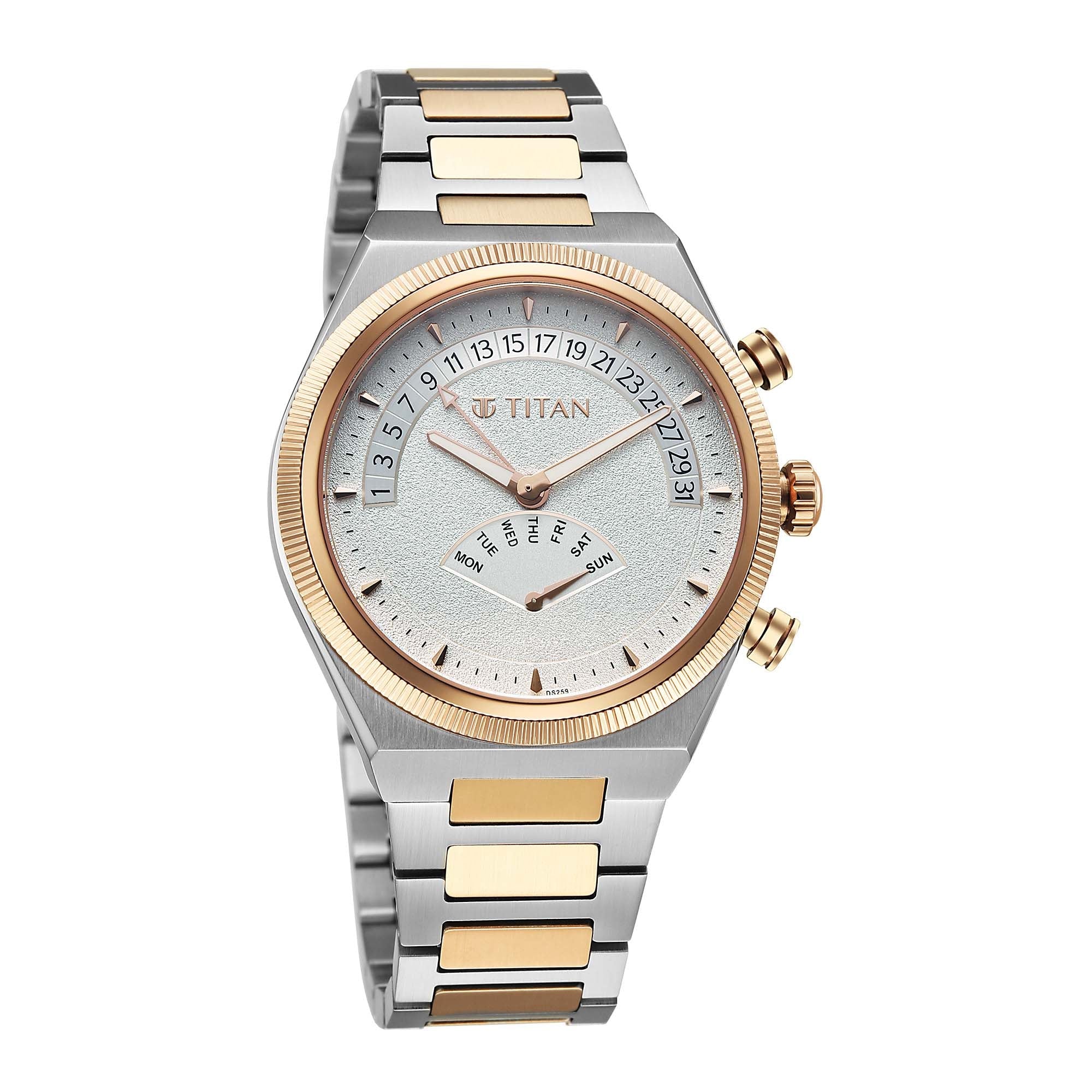 Titan Micromotors Analog with Retrograde Day and Date and Silver Dial Dual Tone Pink Stainless Steel Strap Watch for Men 90180KM01