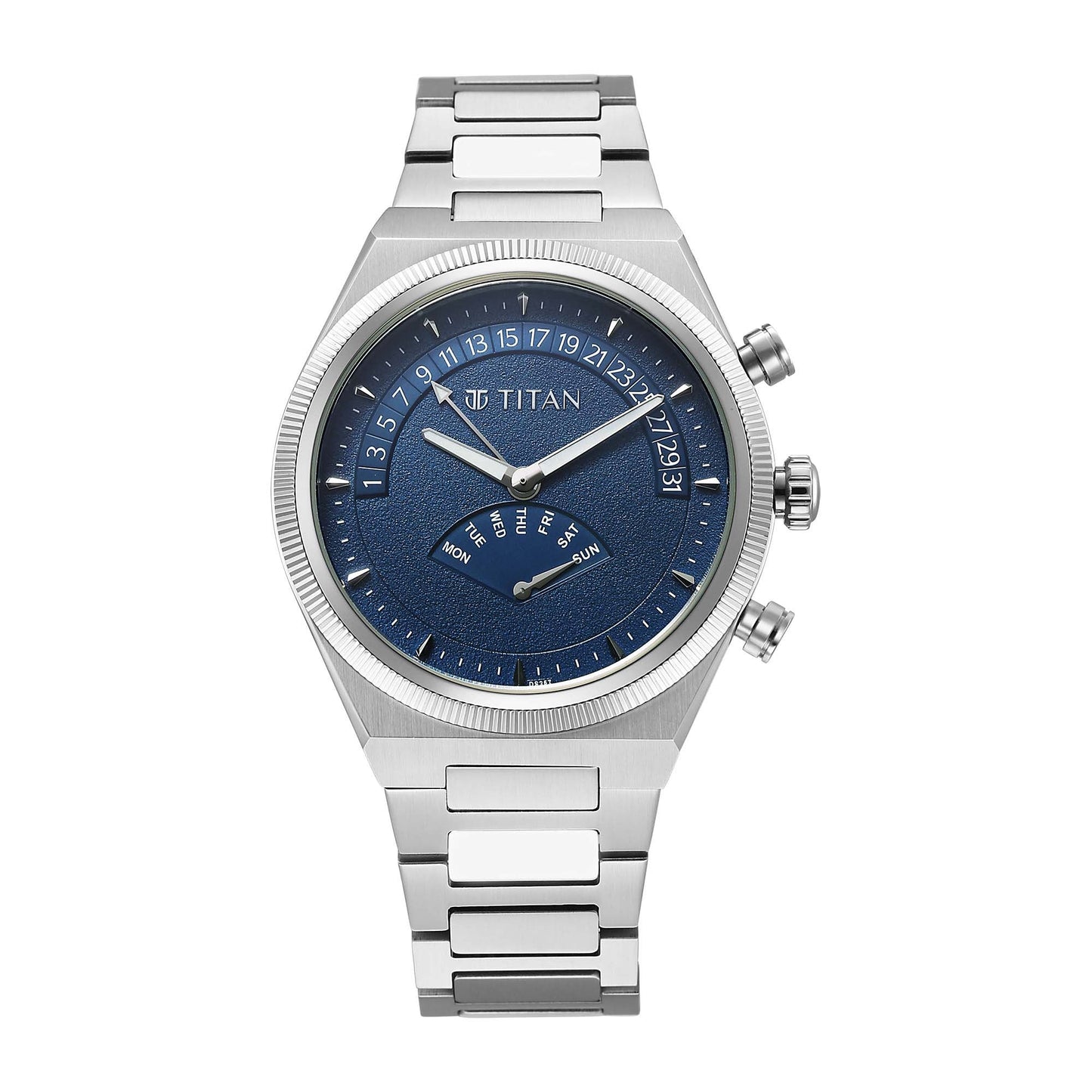 Titan Micromotors Analog with Retrograde Day and Date and Blue Dial Stainless Steel Strap Watch for Men 90180SM01