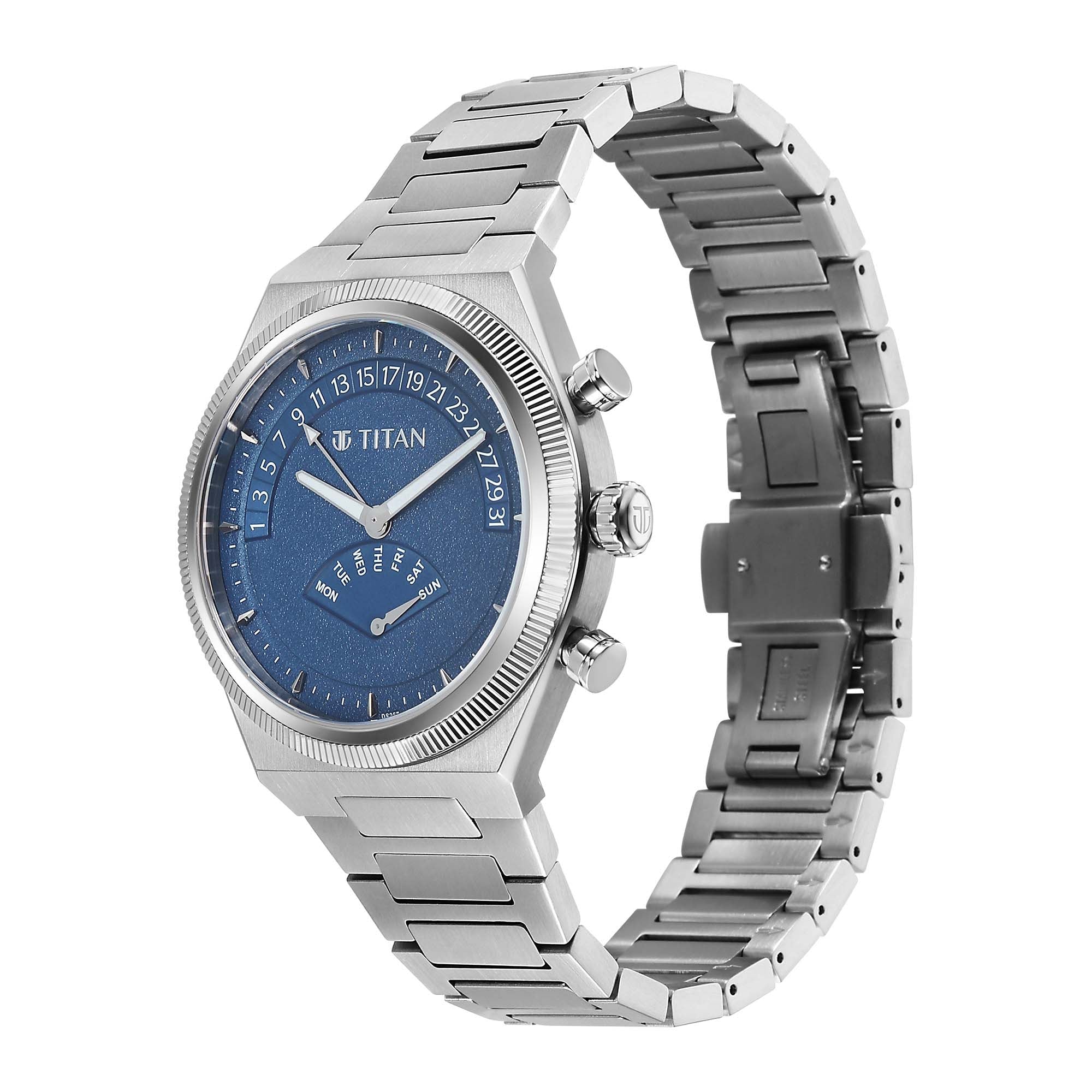 Titan Micromotors Analog with Retrograde Day and Date and Blue Dial Stainless Steel Strap Watch for Men 90180SM01